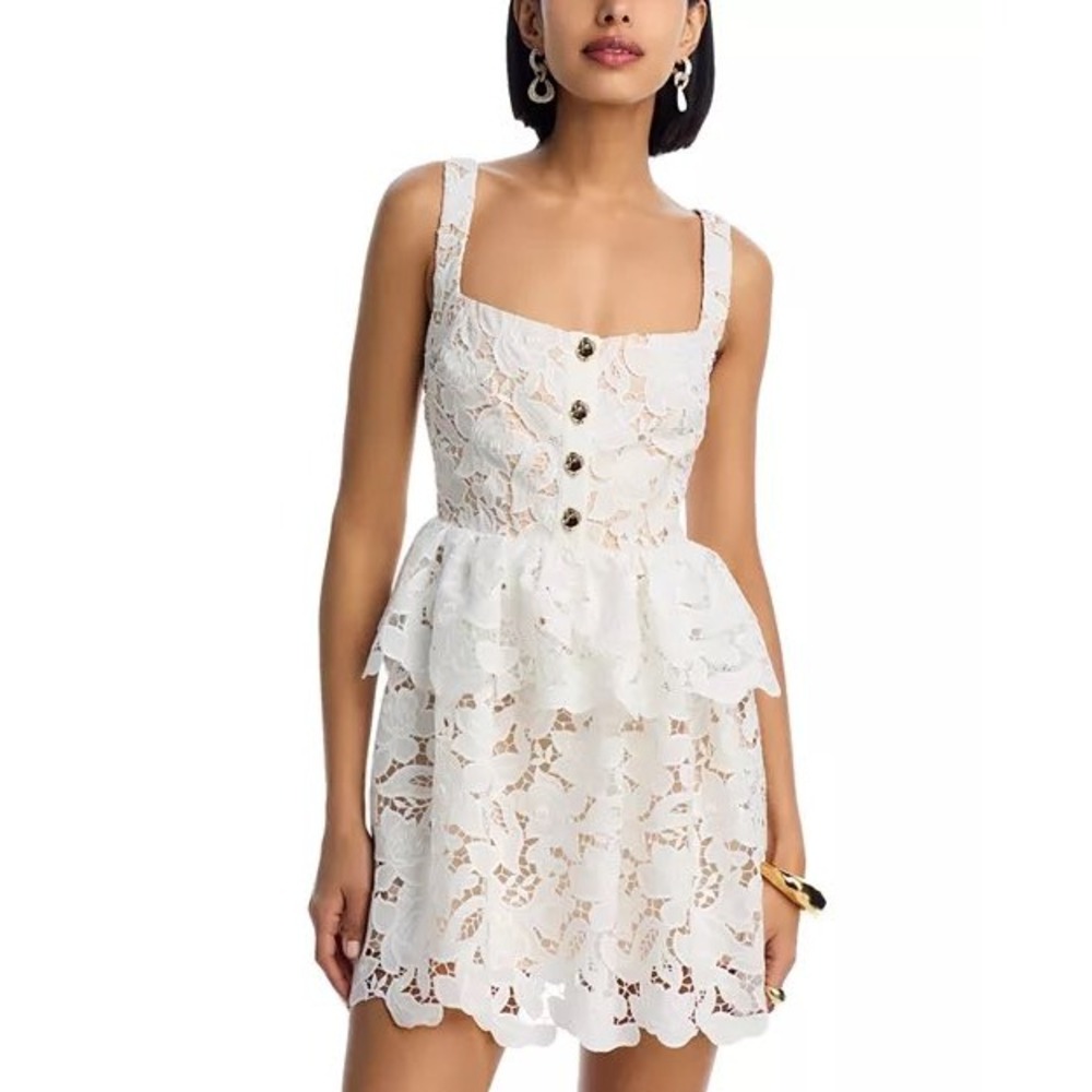 Self Portrait White Lace Peplum Mini Dress Bridal Size 8 Ivory Floral Guipure